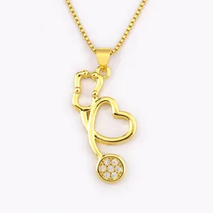 Gold plated stethoscope heart pendant necklace for doctors nurses daily wear fashion jewelry