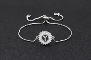 Detail view of the silver letter Y pendant bracelet featuring sparkling cubic zirconia stones.