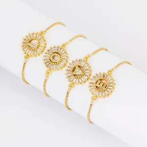 18K Gold Plated Copper Alphabet Bracelet For Women Round Zirconia Adjustable Initial Link Chain Bracelet Jewelry Gift