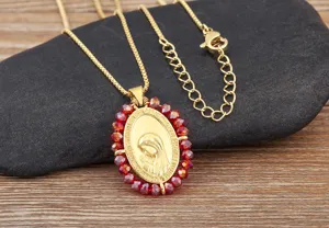 Vergulde vintage maagd maria hanger ketting met rode kralen elegante sieraden