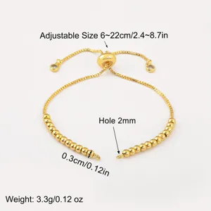 Gold adjustable slider bracelet detail view showing size, hole diameter and weight specs.