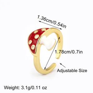Copper plated 18K gold drip oil mushroom ring detail, cute open adjustable design for women.