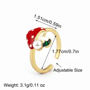 Gold plated cute mushroom adjustable ring with red enamel and pearl for daily fashion wear