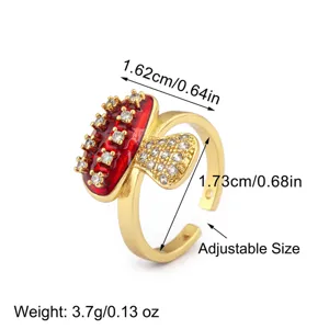 Chic 18K gold plated copper red enamel mushroom ring with cubic zirconia sparkling detail.