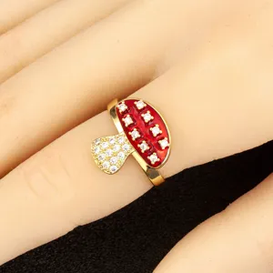 Gold plated red enamel mushroom ring with sparkling cubic zirconia, cute open adjustable jewelry