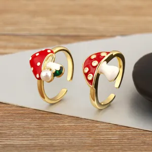18K Gold Plated Copper Mushroom Enamel Open Ring For Women Red Polka Dot Adjustable Zirconia Pearl Cute Finger Ring Fashion Jewelry