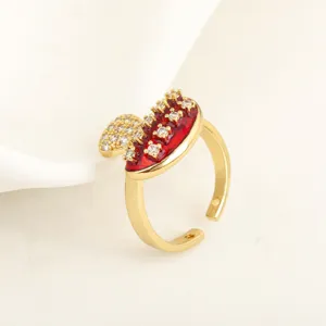 Chic 18k gold plated red mushroom open ring with sparkling cubic zirconia for women.