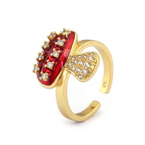 Charming 18k gold plated red enamel mushroom ring, sparkling cubic zirconia open ring for women.