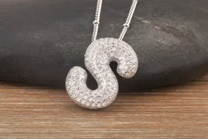 Silver 3D bubble letter S pendant necklace, copper white gold plated sparkling zirconia.