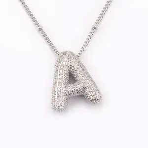 Silver Puffy Letter A Necklace Diamond Pave Balloon Choker Clavicle Chain Jewelry