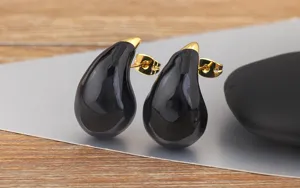 Elegant black teardrop enamel earrings with gold-plated caps, modern candy color design.