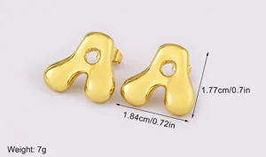 Gold plated bubble letter A earrings for women and men, stylish chunky minimalist jewelry.