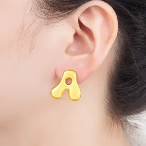 Gold puffy letter A ear studs minimalist smooth metal earrings for daily fashion wear chic style