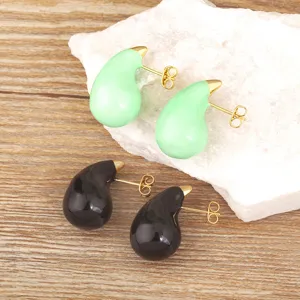 Copper plated 18K gold enamel teardrop stud earrings in mint green and black candy colors.