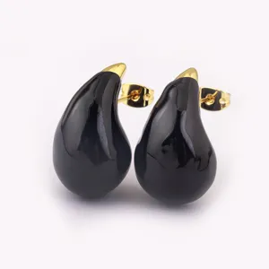 18k gold plated enamel teardrop stud earrings for women, elegant black drop minimalist jewelry.