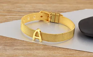 Gold-plated mesh chain bracelet featuring a letter A charm for stylish DIY jewelry gifting.