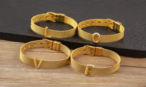 Gold plated stainless steel mesh bracelet featuring custom alphabet letters for DIY jewelry.