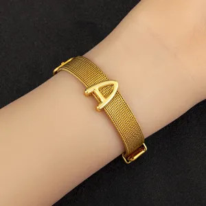 Gold Plated Copper Mesh Band Alphabet Letter Charm Bracelet Adjustable Custom DIY Initials Wristband Jewelry For Men Women Daily Decor Gift