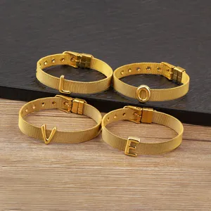 Gold-plated mesh strap bracelets set spelling LOVE with adjustable belt buckle style.