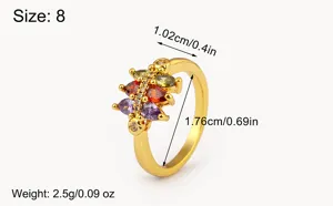 Vergoldeter bunter Zirkon Offener Ring, Retro Luxus Stil Größe 8 Schmuck Detailansicht.