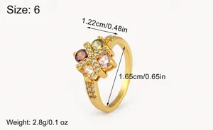 Vergoldeter bunter Zirkonia Ring Detailansicht mit Abmessungen und Größe 6 Passform.