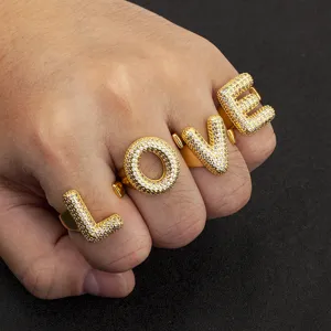 18K Vergoldeter Kupfer Ballon Alphabet Ring Für Damen Puffiger Buchstabe Zirkonia Eingelegter Offener Verstellbarer Ring Schmuck