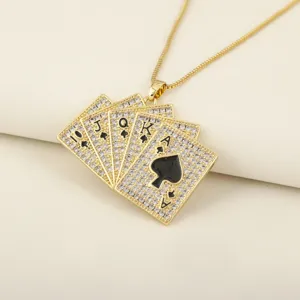 Verguld Koper Zirconia Speelkaarten Hanger Halskette Hip Hop Stijl Royal Flush Letter Schakelketting Sieraden Voor Unisex