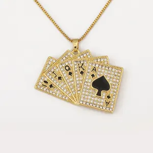 Prachtige 18k vergulde zirkonia speelkaarten hanger ketting, 10JQKA schoppen hiphop sieraden