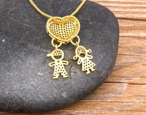 18K Gold Plated Heart Family Boy Girl Cubic Zirconia Pendant Necklace Jewelry Gift