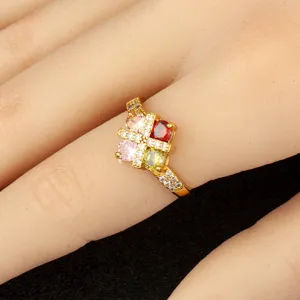 Goldplattierter bunter Zirkon Offener Ring fuer Damen Vintage Luxus eleganter Schmuck