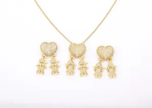18k gold plated cubic zirconia family heart pendant necklace earrings set for women girls daily