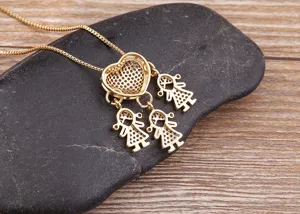 18K Gold Plated Heart 3 Little Girls Pendant Necklace Jewelry Gift For Mother Kids