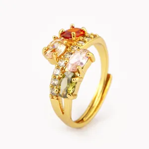 Vergoldeter offener Ring mit bunten Zirkonia Steinen, elegante Retro Luxus Damenschmuck Ring