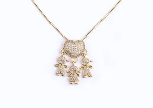 Exquisite gold plated family pendant necklace featuring heart and children charms.