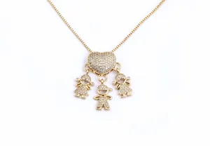 Exquisite gold-plated family necklace featuring a paved heart and three lovely child charms.