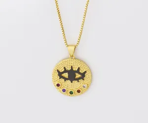 Gold plated Turkish evil eye pendant necklace with colorful cubic zirconia stones.
