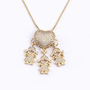 18K Gold Plated Heart 3 Girls Pendant Necklace Cute Family Children Jewelry Gift For Girls