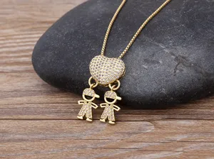 Gold plated zirconia heart double boy pendant necklace fashion jewelry elegant gift design