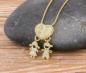 Exquisite 18k gold plated heart zircon pendant necklace featuring cute boy and girl family charms.