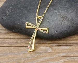 Gold-plated cross necklace for women featuring sparkling colorful zircon stones and fine chain.