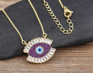 Turkish evil eye necklace for women, gold plated chain with sparkling cubic zirconia pendant.