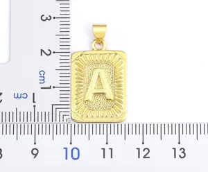 Gold stainless steel letter A pendant jewelry detail view showing product size and scale.