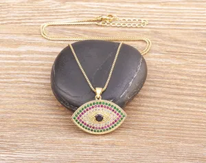 Gold-plated evil eye necklace featuring colorful rhinestone pendant for fashion daily wear.