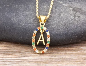 Close-up detail of the colorful zirconia initial letter A pendant necklace, exquisite craftsmanship.