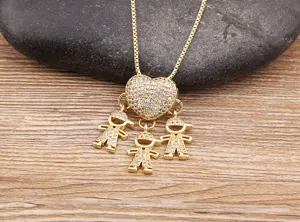 Exquisite gold-plated heart and three boys pendant necklace sparkling cubic zirconia detail.