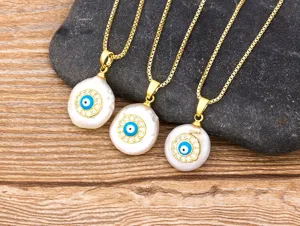 Gold chain evil eye baroque pearl necklace set, Turkish blue zircon pendant jewelry for women.
