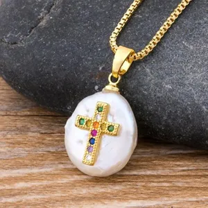 Elegant baroque pearl cross necklace with colorful zircon stones on gold chain jewelry main