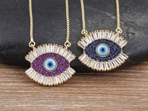 Turkish Evil Eye Pendant Necklace Set Gold Plated Cubic Zirconia Blue Purple Jewelry Gift