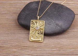Gold tarot card necklace with crystal sun pendant vintage punk style hip hop jewelry for men women