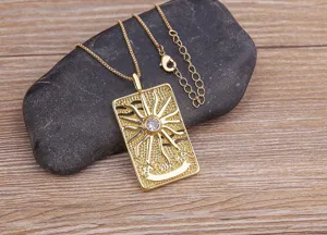 Gold tarot card pendant necklace with cubic zirconia, trendy punk hip hop style jewelry.